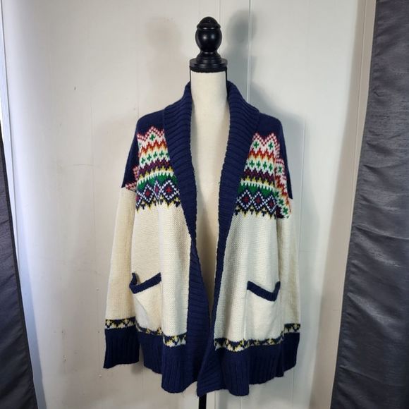 American Eagle Alpaca Wool Mohair Blend Nordic Knit Open Cardigan Size Large - Picture 2 of 5